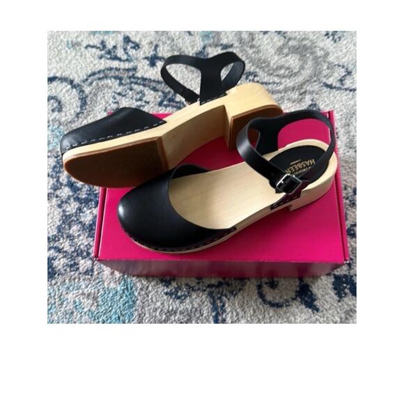 New $248 Womens 8 Covered Swedish Hasbeens Matte Black Clogs Mules Low 2” Heel - Picture 9 of 13